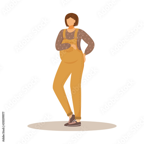 Pregnant girl flat vector illustration. Waiting for baby. Maternity expectation. Standing brunette caucasian woman stroking her belly cartoon character on white background
