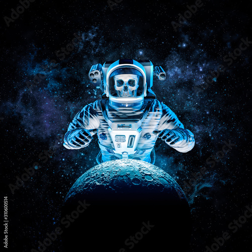 Terror beyond the stars   3D illustration of science fiction scene with ominous skeleton astronaut rising behind moon outer space amid glowing galaxies