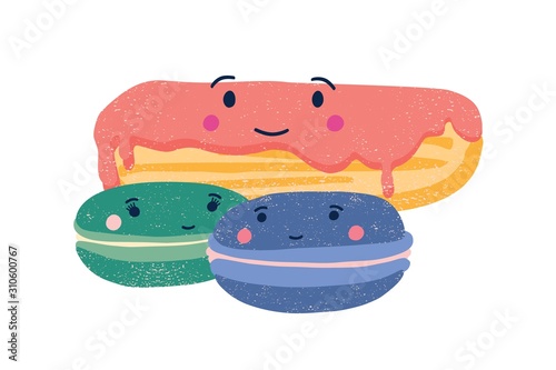Cute eclair and macaroons flat vector illustration