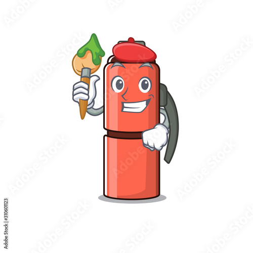 Funny thermos bottle Scroll Artist cartoon character holding brush