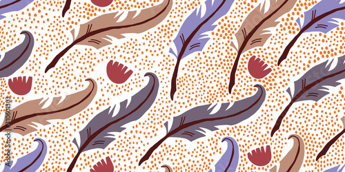 seamless pattern with feathers, red flowers scandi