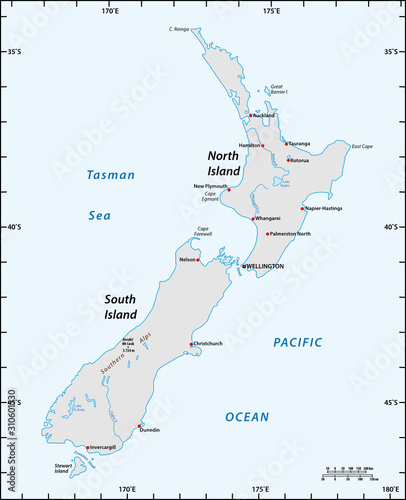 simple map of New Zealand with degrees of longitude and latitude