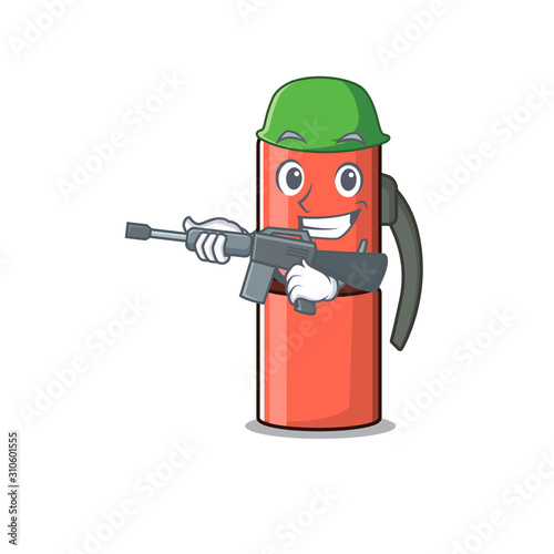 A mascot of thermos bottle Scroll Army with machine gun
