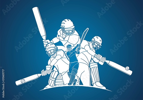 Group of Cricket players action cartoon sport graphic vector.