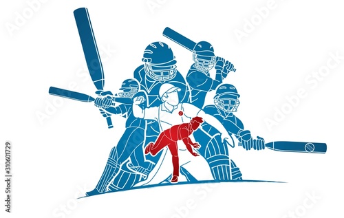 Group of Cricket players action cartoon sport graphic vector.