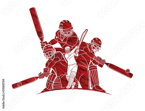 Group of Cricket players action cartoon sport graphic vector.