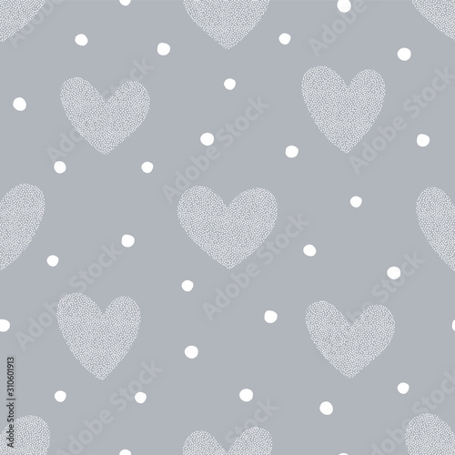 Vector seamless pattern with dotted texture heart shapes. Romantic decorative background for Valentine Day. Love hearty backdrop.