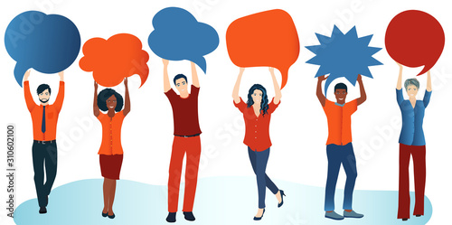 Group of diverse people with speech bubble. Social network. Communication and sharing. Crowd talking. Share ideas. Multi-ethnic people who talk and socialize and communicate. Solidarity