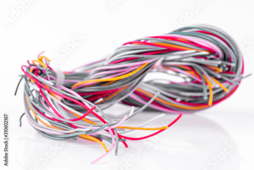 Waste electric copper cable used in electrical installation, close-up