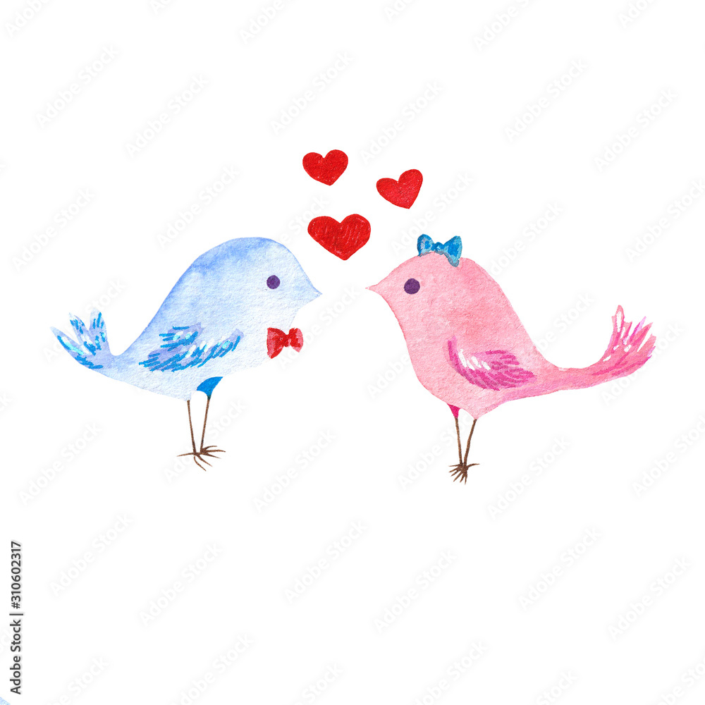 Illustration of birds isolated on white background. Element watercolor set for Valentine's Day. Card design set.