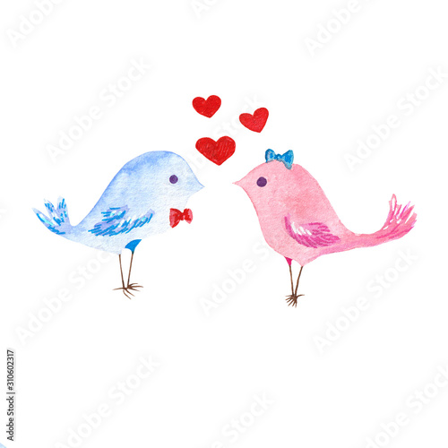 Illustration of birds isolated on white background. Element watercolor set for Valentine s Day. Card design set.