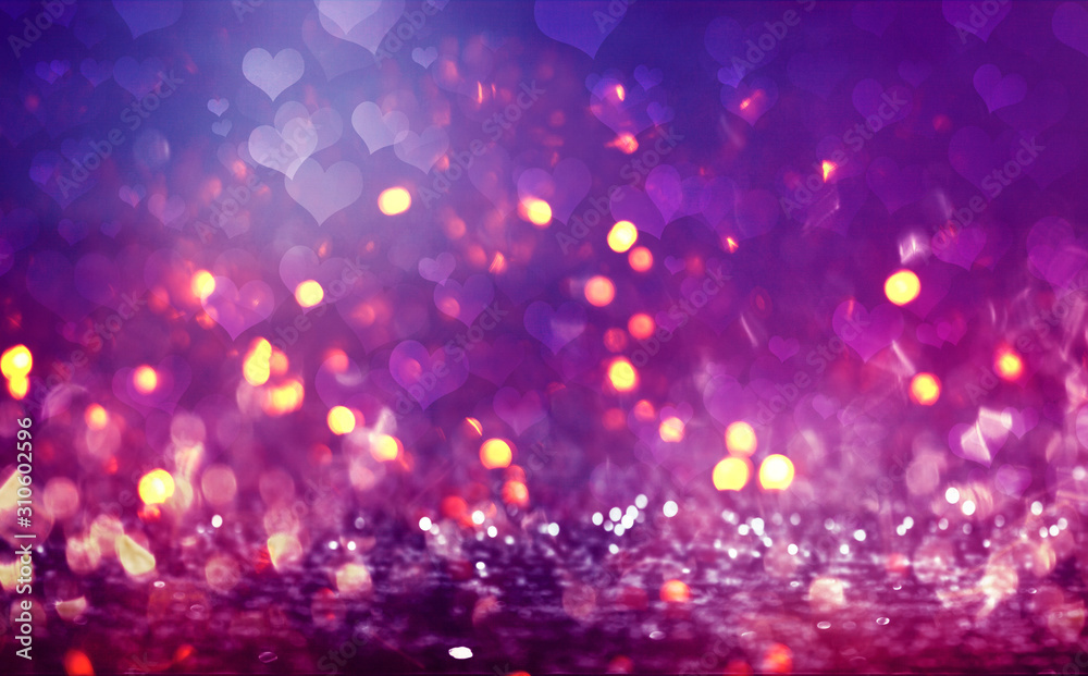 Hearts on a sparkling shiny background. Red abstract background. Blurry bokeh, neon light. - obrazy, fototapety, plakaty 