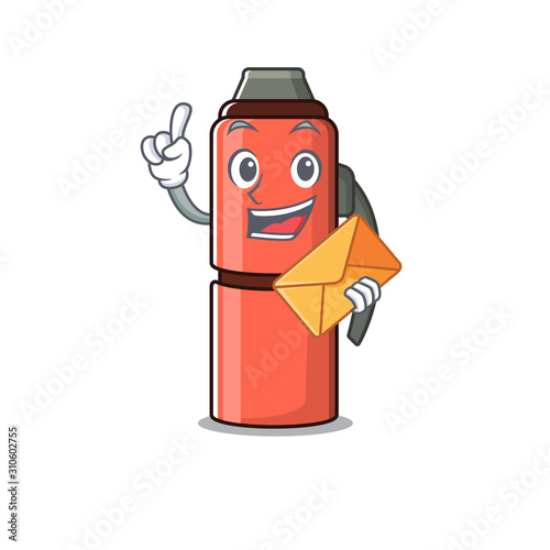 Happy face thermos bottle Scroll mascot design with envelope