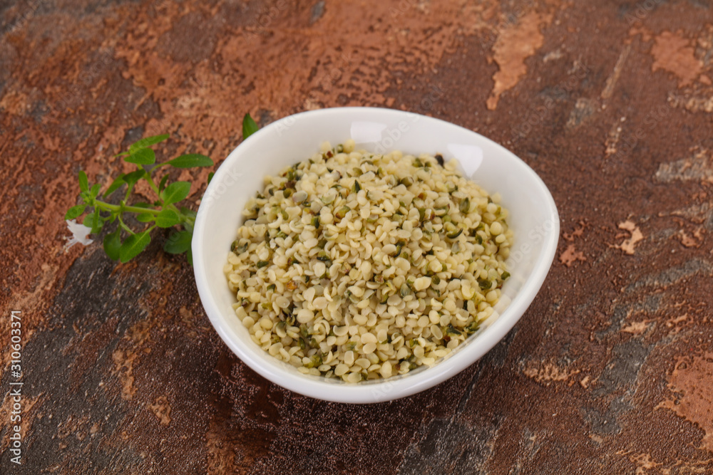 Peeled hemp seeds in the bowl Peeled hemp seeds in the bowl