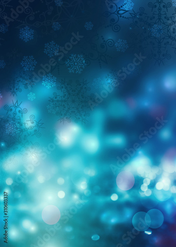 Brilliant festive winter background with neon glow. Falling snowflakes, blurry lights. Magic particles