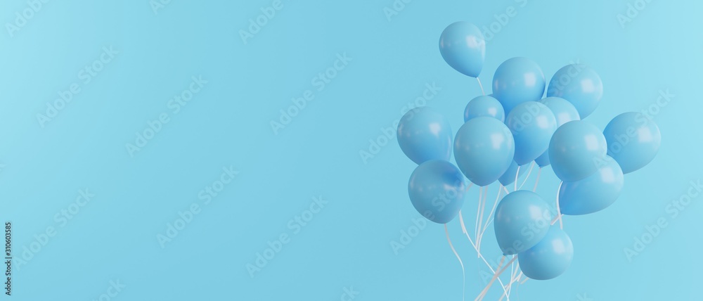 Balloons in blue on blue background, banner size, 3d render Balloons in blue on blue background, banner size, 3d render