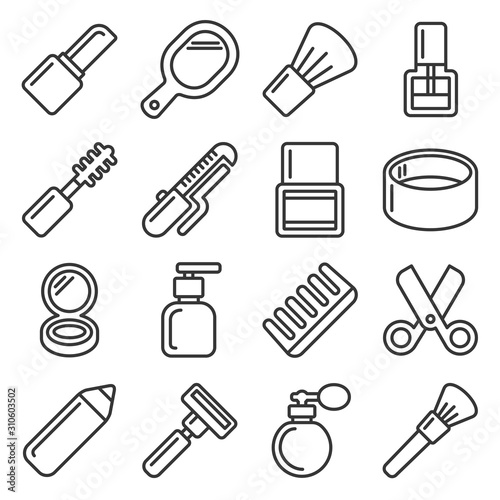 Beauty and Cosmetic Icons Set on White Background. Line Style Vector