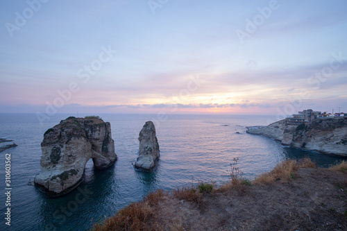 Sunset view of Pigeon Rock  Raouche   Beirut. Lebanon - June  2019