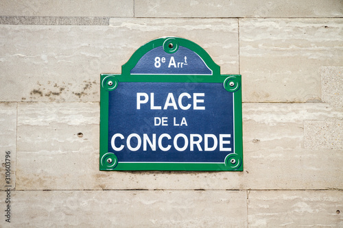 Canvas Print Place de la Concorde street sign, Paris, France