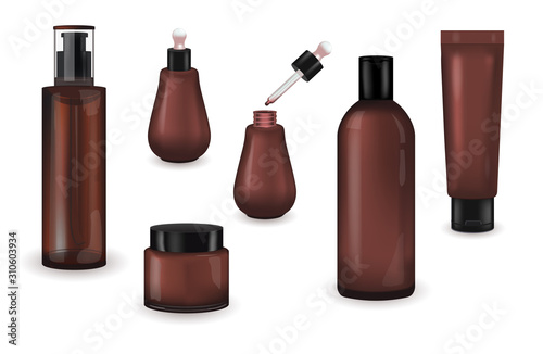 Collection of cosmetic empty tubes packaging with black plastic or metal silver cap on white background. Vector packages for cream. Blank containers template for cosmetic products design.