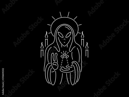 Vector graphic design illustration of an Alien saint white on black background