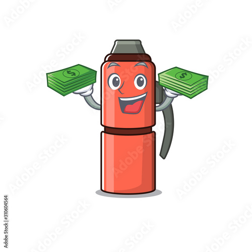 Very happy thermos bottle Scroll character with money on hands