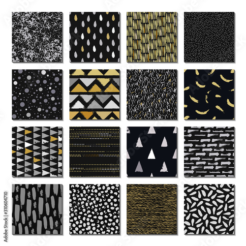 Fototapeta Naklejka Na Ścianę i Meble -  Merry Christmas. Gold and silver color. Set of 16 seamless texture. Drops, points, lines, stripes, circles, squares, rectangles. Abstract forms drawn a wide pen and ink. Hand drawn. Vector illustratio