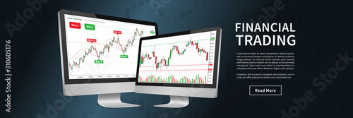 Desktops with forex trade chart vector banner. Financial graph for online trading creative concept. Financial stock trade webpage banner concept.