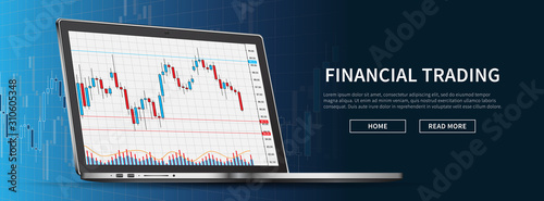 Financial chart of stock market vector illustration. Laptop with stock trade graph (chart) web banner with background. Web page layout for forex website.