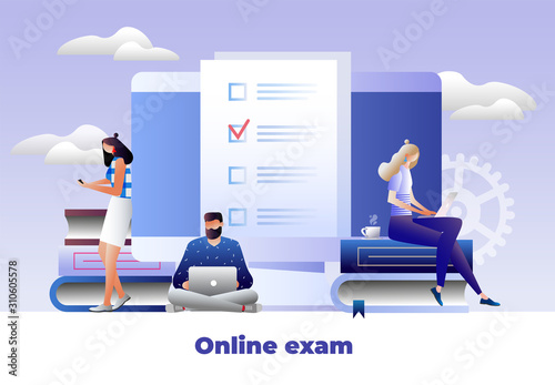 Students characters studying, thinking, writing university exam. School homework reading a test. Online exam, questionnaire form, online education, learning, survey, internet quiz. Vector illustration