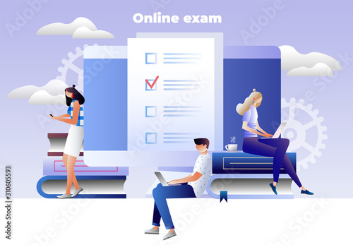 Students characters studying, thinking, writing university exam. School homework reading a test. Online exam, questionnaire form, online education, learning, survey, internet quiz. Vector illustration