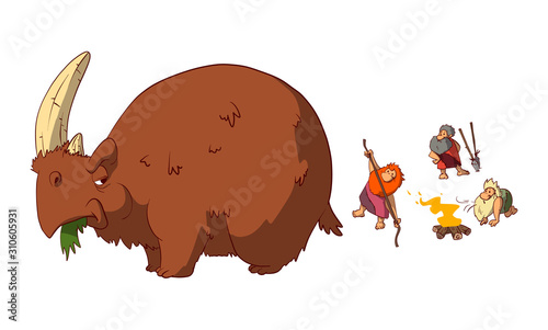 Funny vector scene of cavemen preparing for hunt