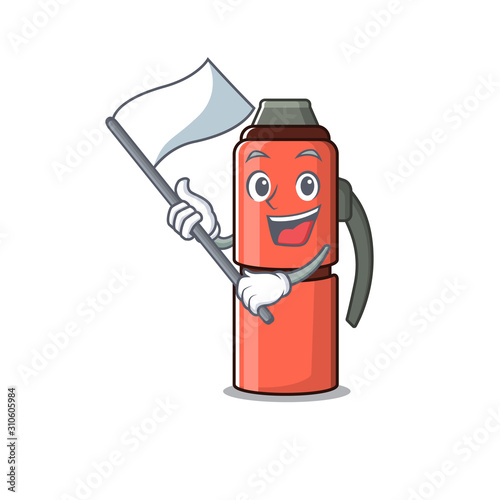 cute thermos bottle Scroll cartoon character style with standing flag