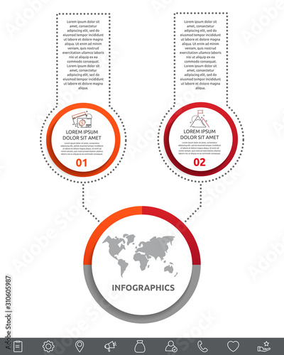 Vector infographic with main circle and 2 labels. Circles with icons for two diagrams, graph, flowchart, timeline, marketing, presentation. Creative business concept