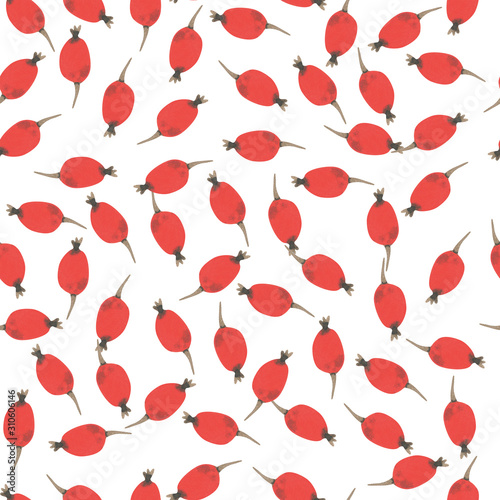 Seamless pattern watercolor red berries. On a white isolated background
