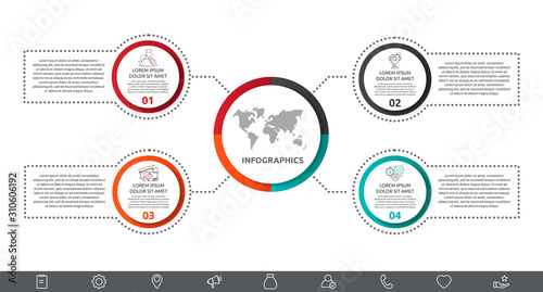 Vector infographic with main circle and 4 labels. Circles with icons for four diagrams, graph, flowchart, timeline, marketing, presentation. Creative business concept