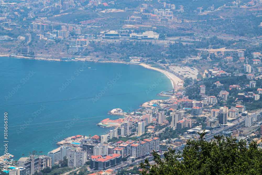 View of the seaside resort of Jounieh from the shrine of Our Lady of Lebanon in Harissa, Lebanon - June, 2019
