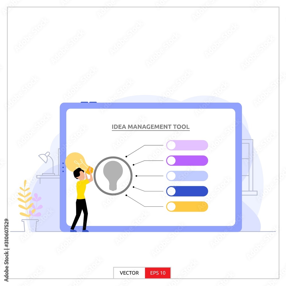 a businessman is preparing an idea management tool on a tablet. Vector illustration flat design style.