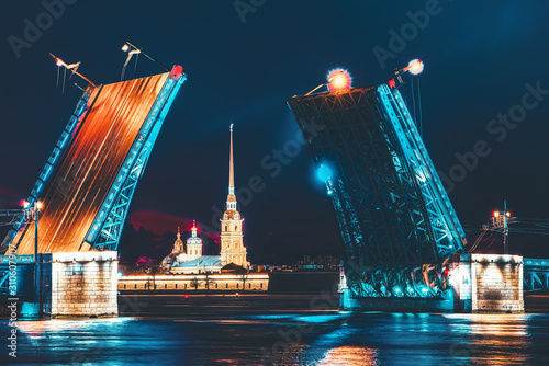 Drawbridge Palace Bridge and Peter and Paul Fortress. Saint Petersburg. Russia. photo