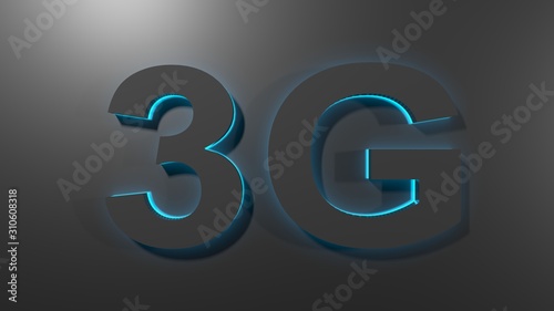 3G black write with blue light, on black surface - 3D rendering illustration