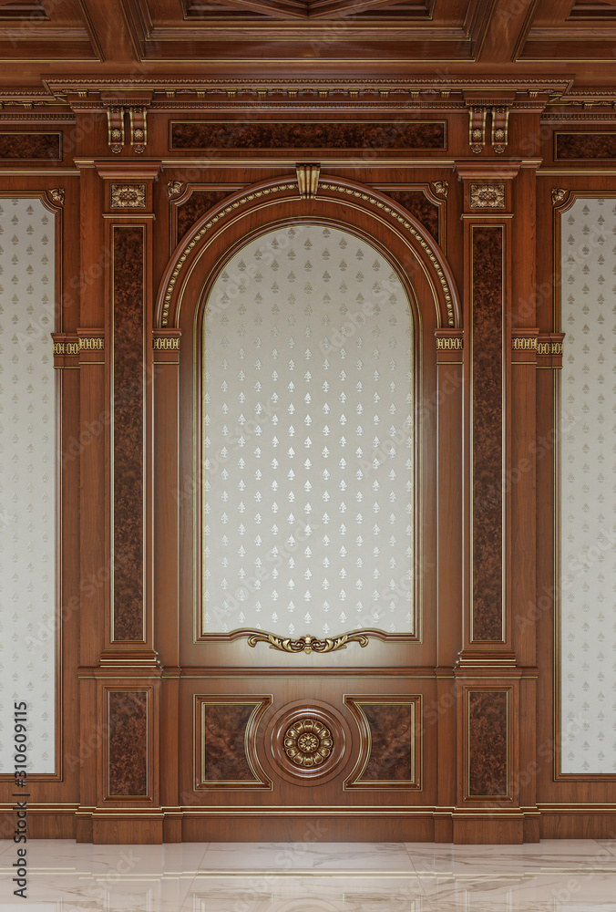Carved wooden panels with a wooden ceiling. 3d rendering