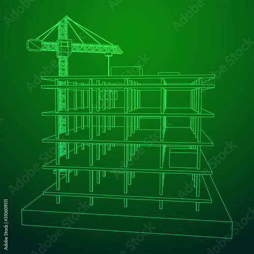 Building under construction with crane. Build house construct in process. Wireframe low poly mesh vector illustration
