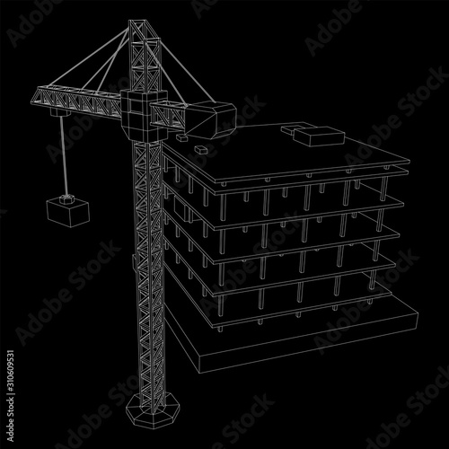 Building under construction with crane. Build house construct in process. Wireframe low poly mesh vector illustration