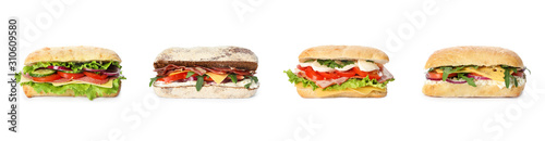 Set of delicious sandwiches on white background. Banner design