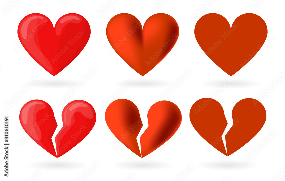 Heart set in different style. Cartoon, realism, icon. Heartbreak, broken heart or divorce