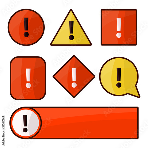 Exclamation mark set beware icons vector. Danger sign collection in cartoon style 
