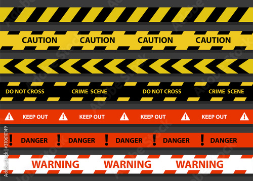 Police stripe border vector illustration of black, yellow and red. Set of danger caution. Warning, keep out, crime scene, don't cross.