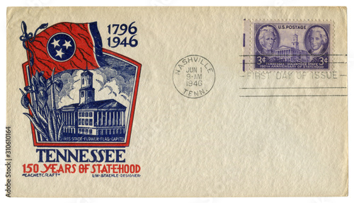 Nashville, Tennessee, The USA - 1 June 1946: US historical envelope: cover with a cachet 150 years of statehood 1796-1946, Tennessee State Capitol