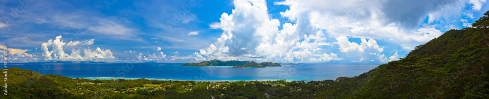 Panorama of island Praslin and Mahe at Seychelles Panorama of island Praslin and Mahe at Seychelles