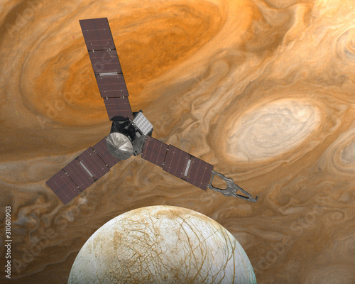 Fotografía Satellite Europa, Jupiter's moon with Juno spacecraft   Elements of this image